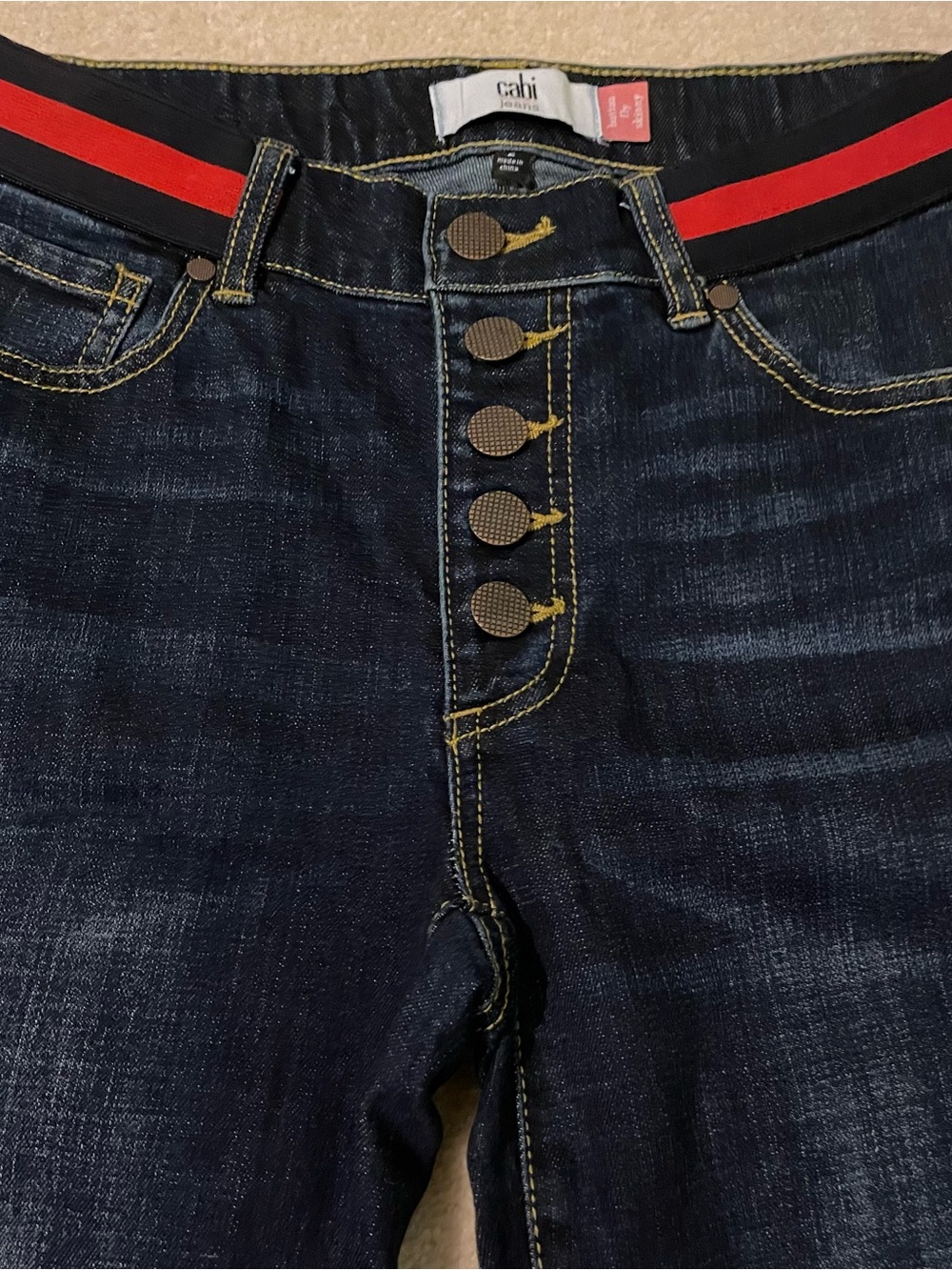 Cabi Women's Dark Wash Skinny Jeans with Red Stripe Waistband-2 NWOT - Picture 2 of 7